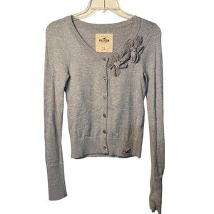 VTG Y2K Hollister Womens Small Gray Knit Cardigan V‑Neck Floral Appliqué Sweater